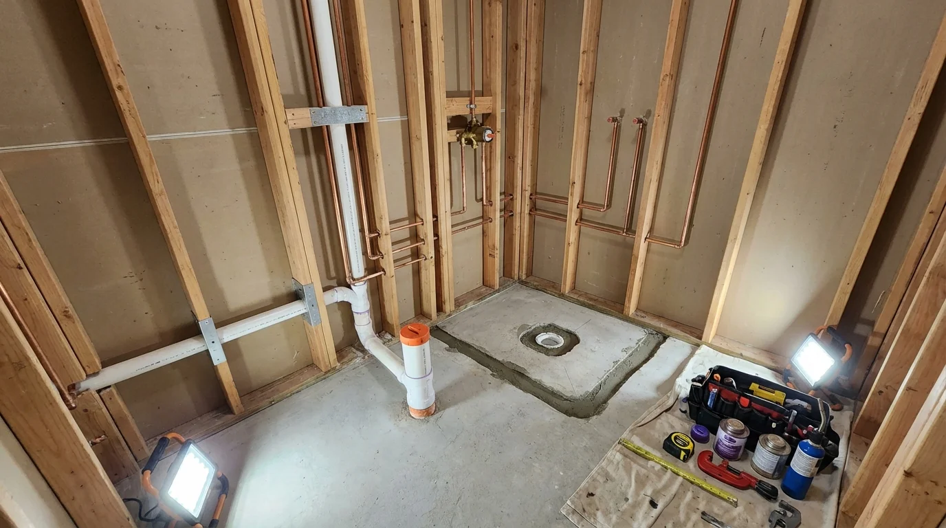 Bathroom rough-in plumbing during remodel by Johns Plumbing LLC in Linton