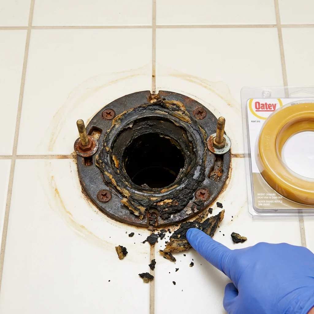 Failed wax ring showing water seepage at the base of a toilet in a Linton, IN home