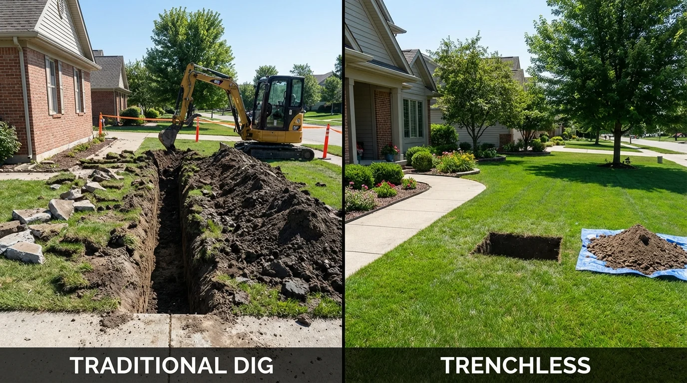 Trenchless sewer repair with minimal yard damage versus traditional excavation in Linton, IN